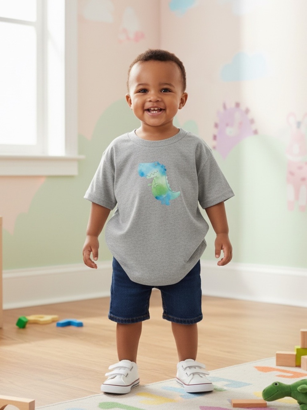 Gildan Grey Toddler T‑Shirt with Blue-Green Dino Graphic